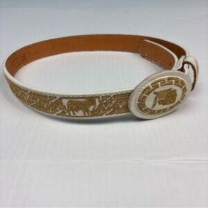 KGB Mexican Leather Size 32 Belt White Gold Embroidered Cowboy Ranch Cow Western